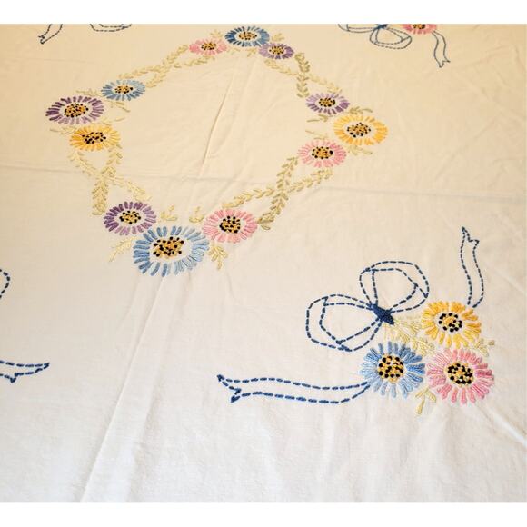 Vintage Handmade Bedspread Embroidered Floral 72x80 Fringe Edges - Picture 15 of 15